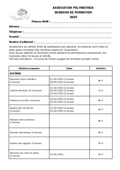 Formulaire d'inscription aux formations printemps 2020